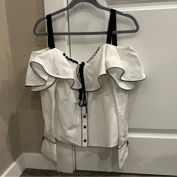 SELF PORTRAIT OFF SHOULDER SPLIT SLEEVE WHITE BUTTON DOWN TOP| size 4 - Picture 2 of 5